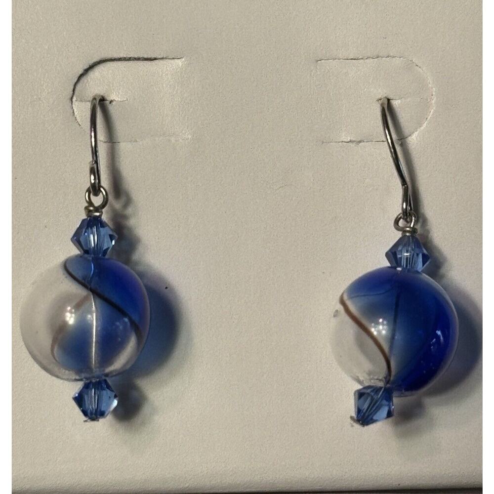 -EARRINGS Sterling Silver Blue &white Hand Blown Orb Earrings - Picture 1 of 3